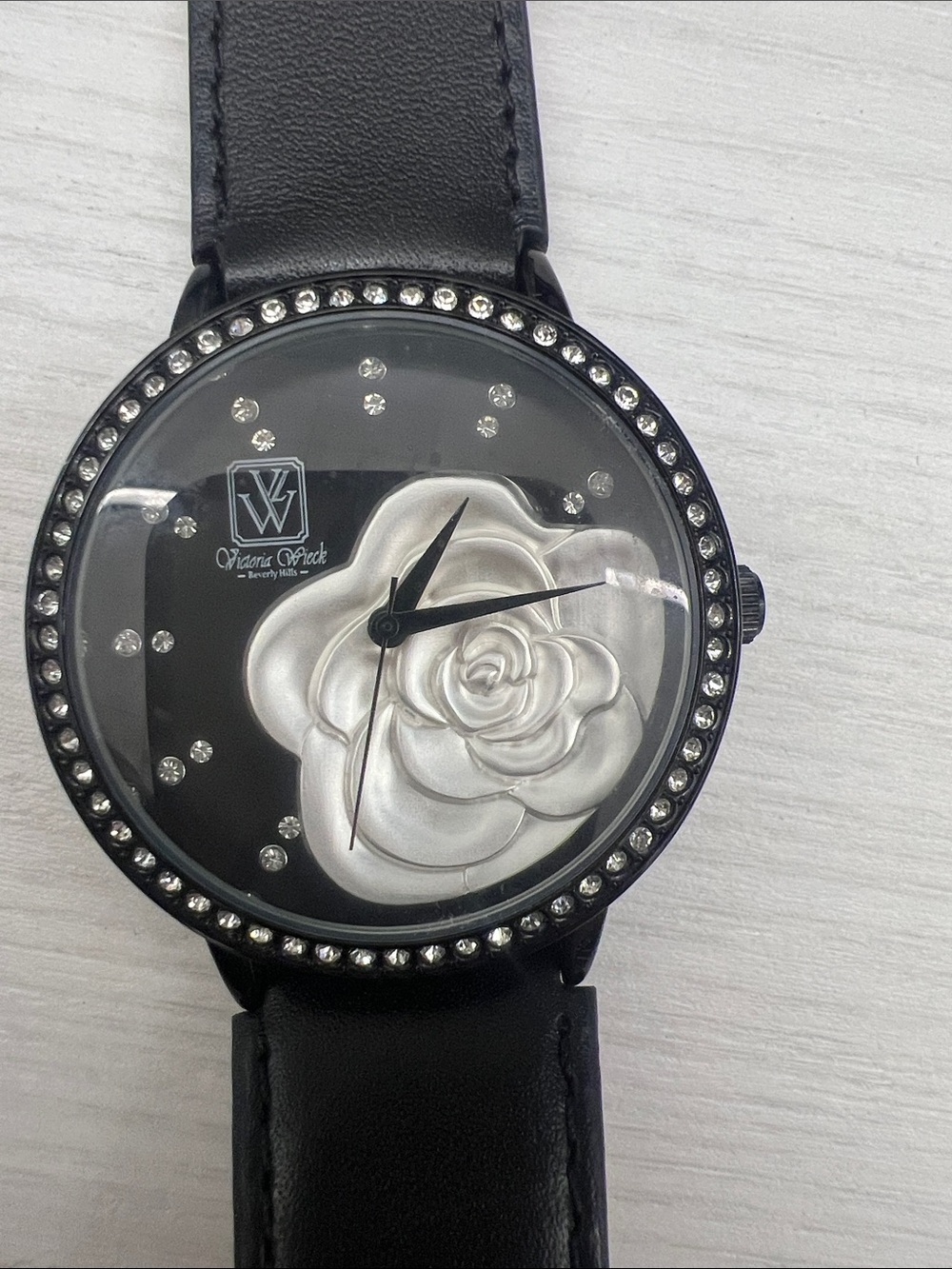 Black Floral Crystal-Accent Women's Watch